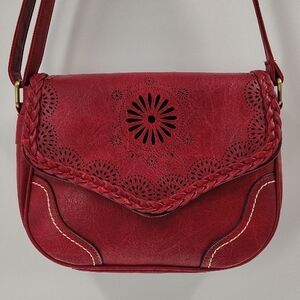 New Laser Cut Out And Braided Faux Leather Crossbody Shoulder Bag Flap Over